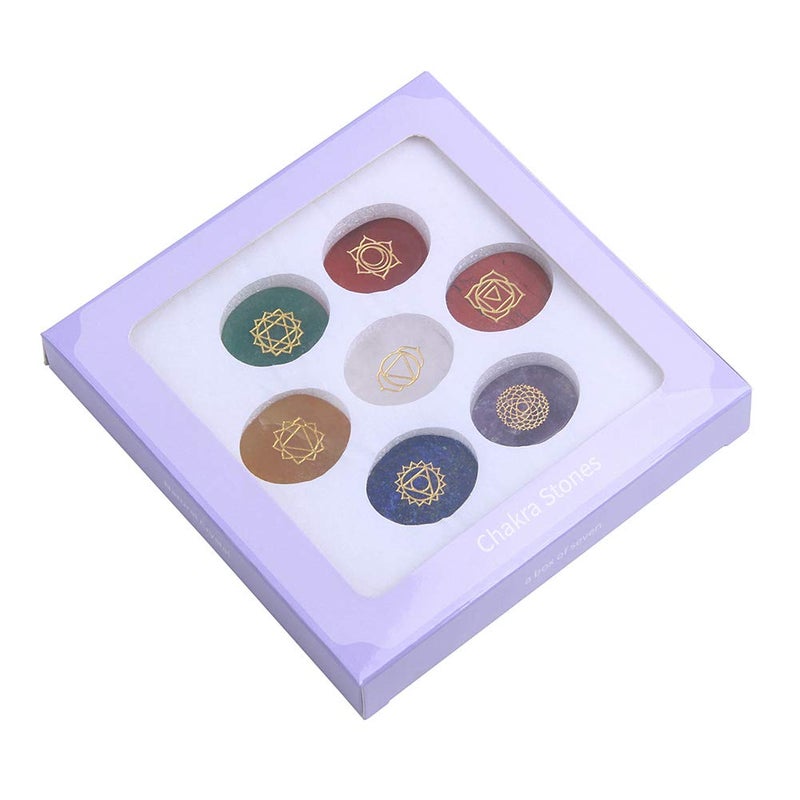 TGS Gems 7 Chakra Stones set - Reiki Healing Crystal With Engraved Chakra Symbols - Image 1